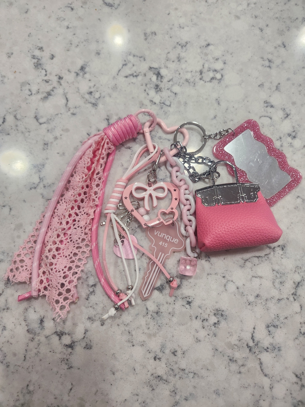 Pink Tassel Keychain Charm Set with Mini Purse and Mirror